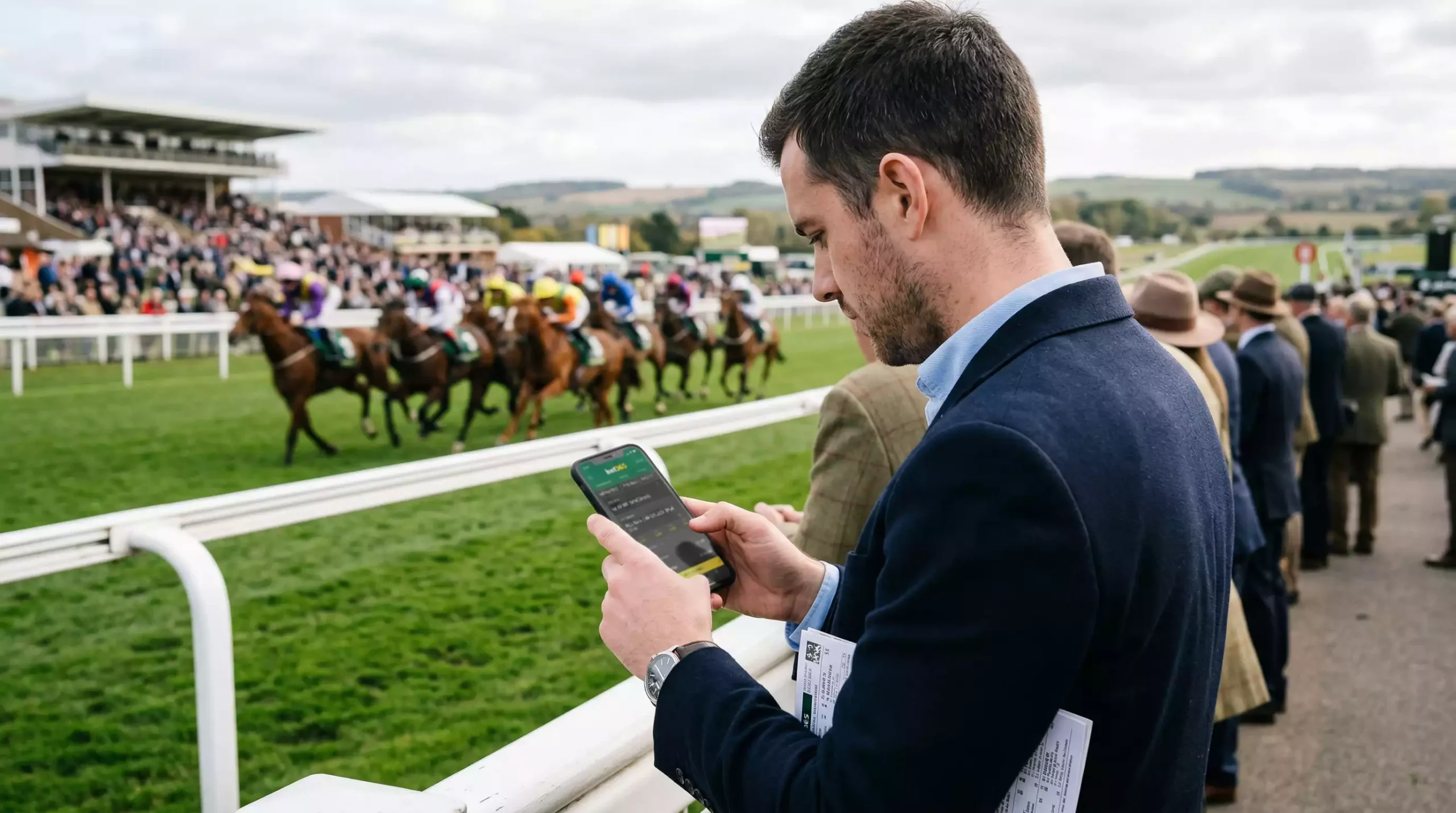 Person using smartphone betting app at horse racing track with race in background