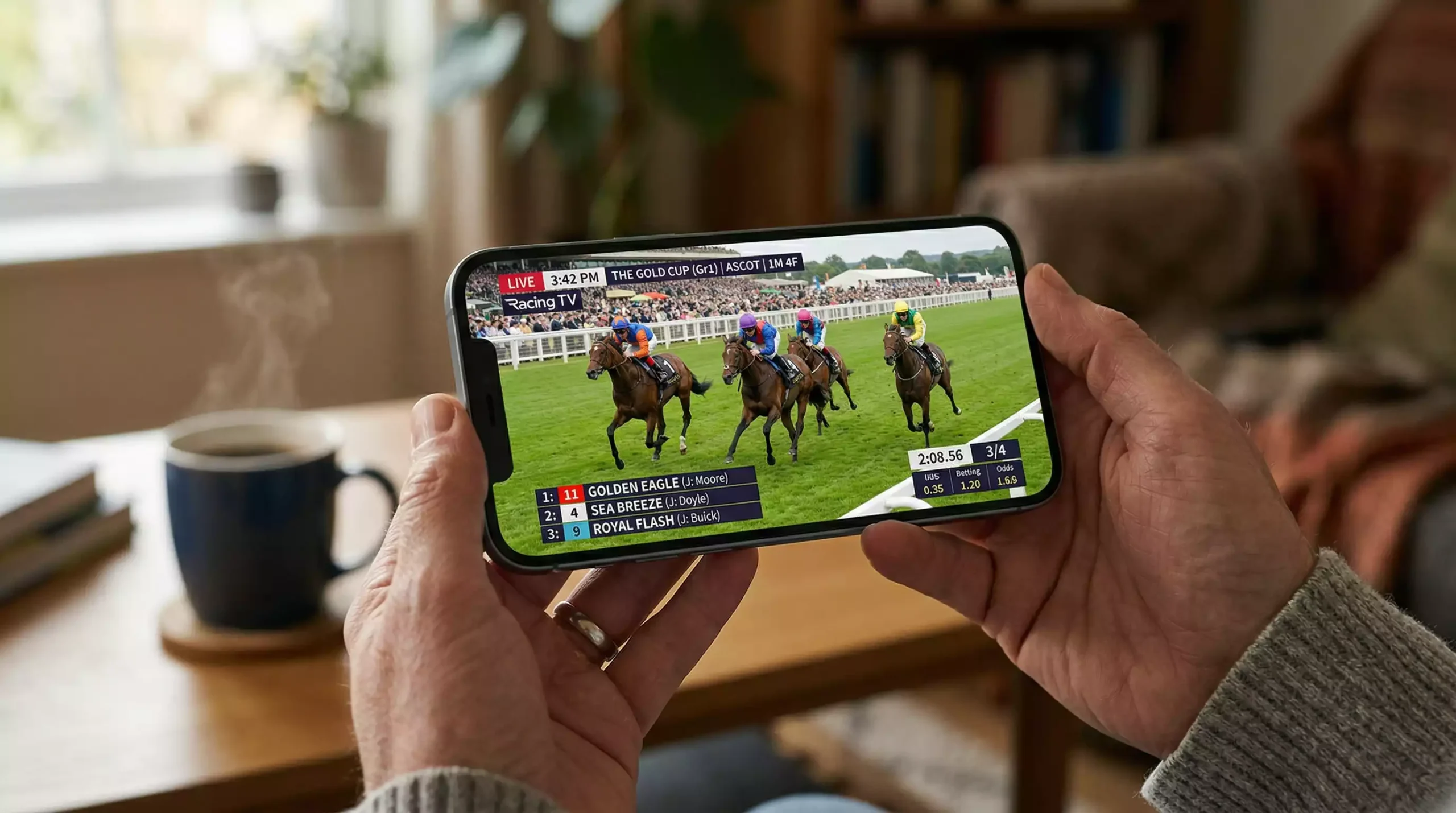 Live horse racing being streamed on smartphone screen with betting interface