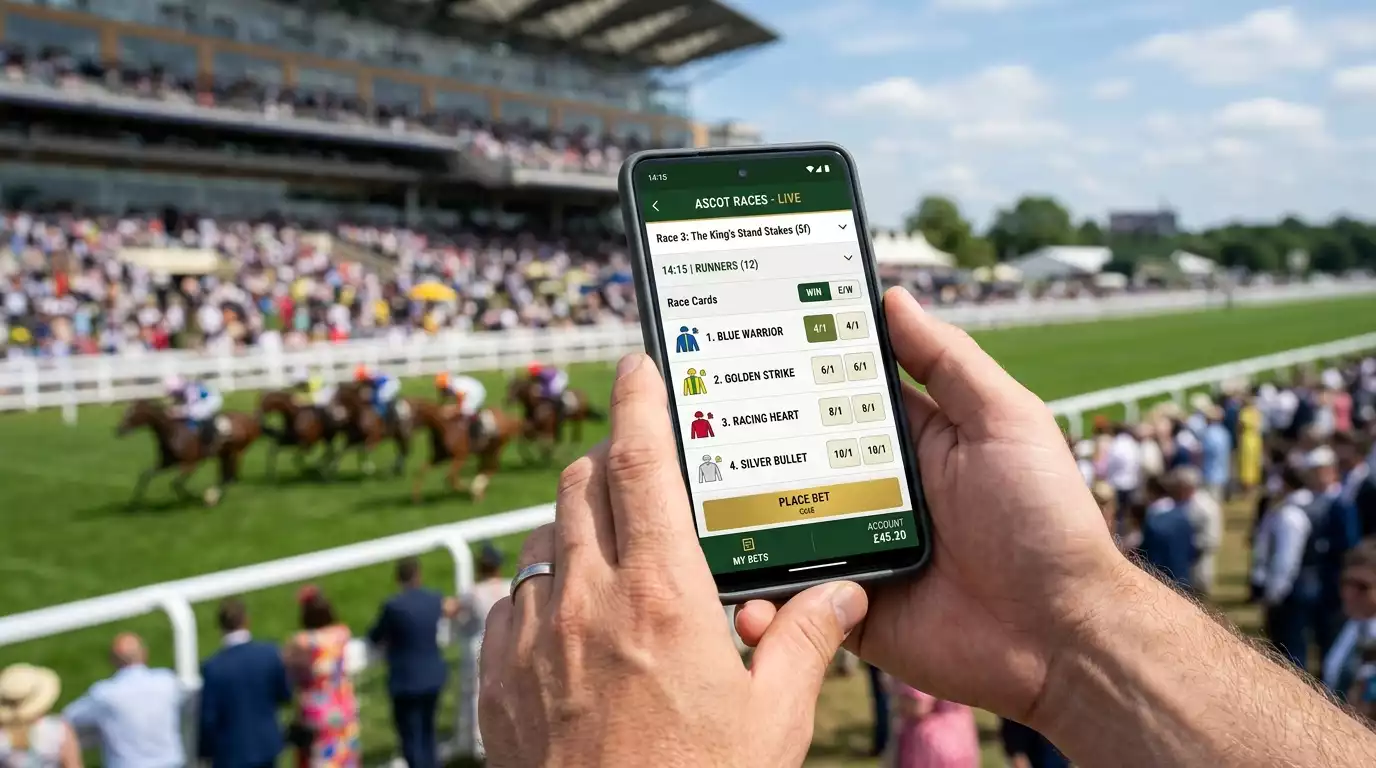 Mobile horse betting apps displayed on smartphone showing live racing odds in UK