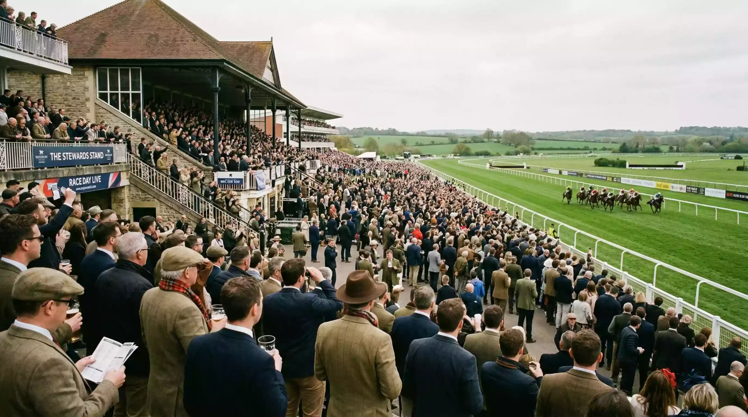 British racecourse grandstand with crowd watching horse racing event