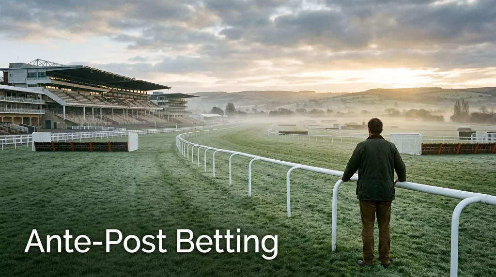 Wide view of Cheltenham racecourse grandstand on a crisp winter morning with empty green turf track and white rails
