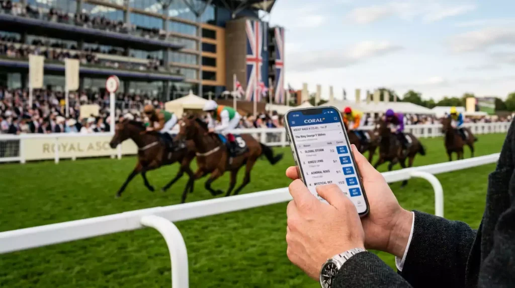 Smartphone displaying horse racing betting app with live race cards and odds comparison