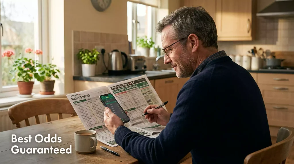 Best Odds Guaranteed concept shown with a punter reviewing early morning horse racing prices on a mobile phone