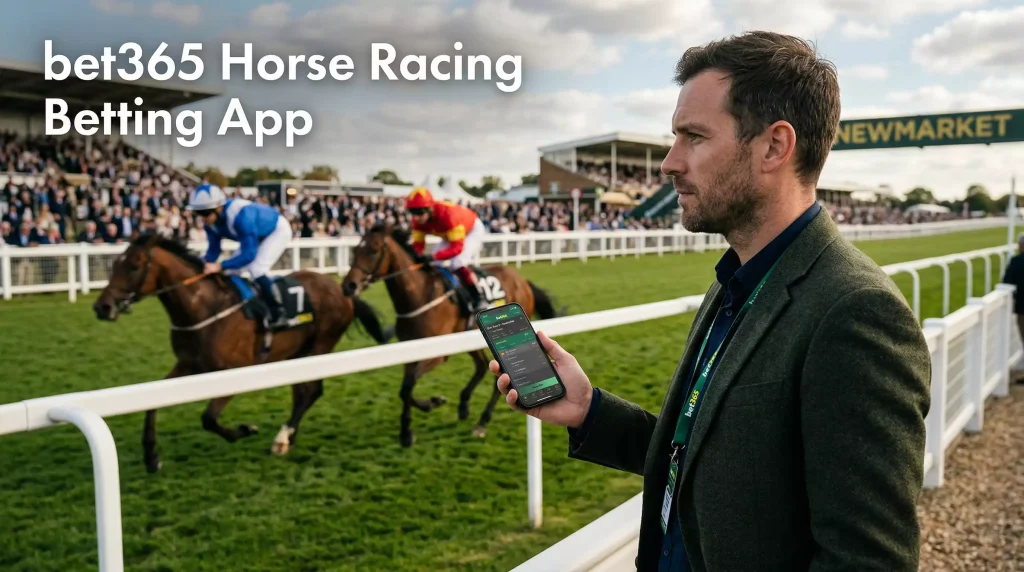 Punter using a smartphone to follow a live horse race at a UK racecourse, bet365 green colour palette visible in ambient lighting