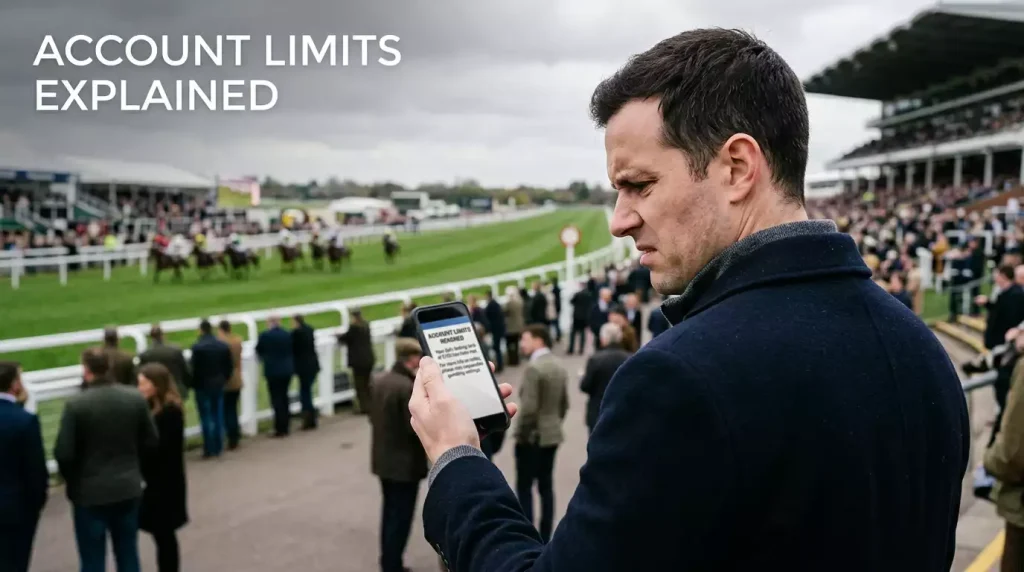 Frustrated punter at a UK racecourse staring at their smartphone with a puzzled expression after receiving a bet restriction