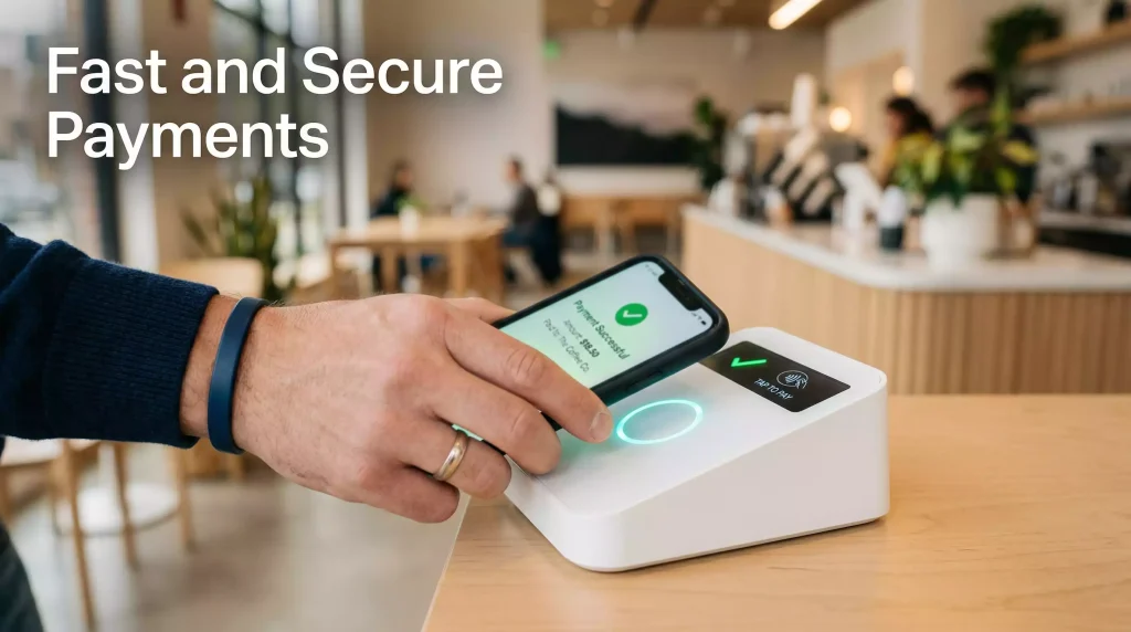 Person tapping a smartphone to a contactless payment terminal, suggesting fast digital payments in a clean modern setting