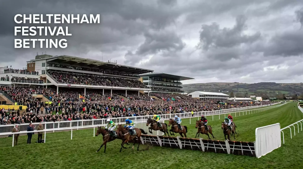 Packed Cheltenham Festival grandstand on Gold Cup day with horses jumping a hurdle in the foreground under grey winter sky