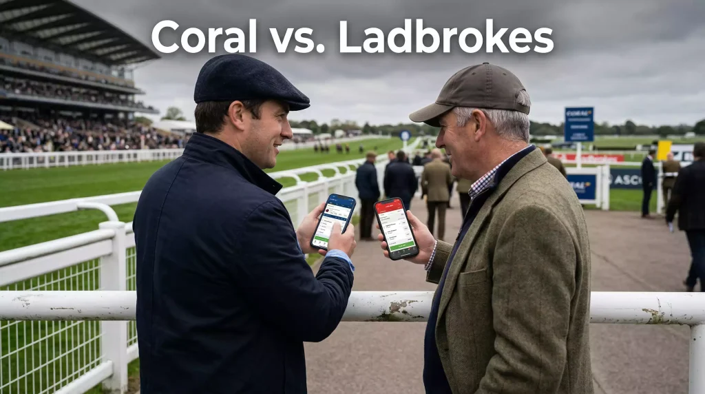 Two punters standing side by side at a UK racecourse rail, each holding a smartphone, comparing notes on their selections