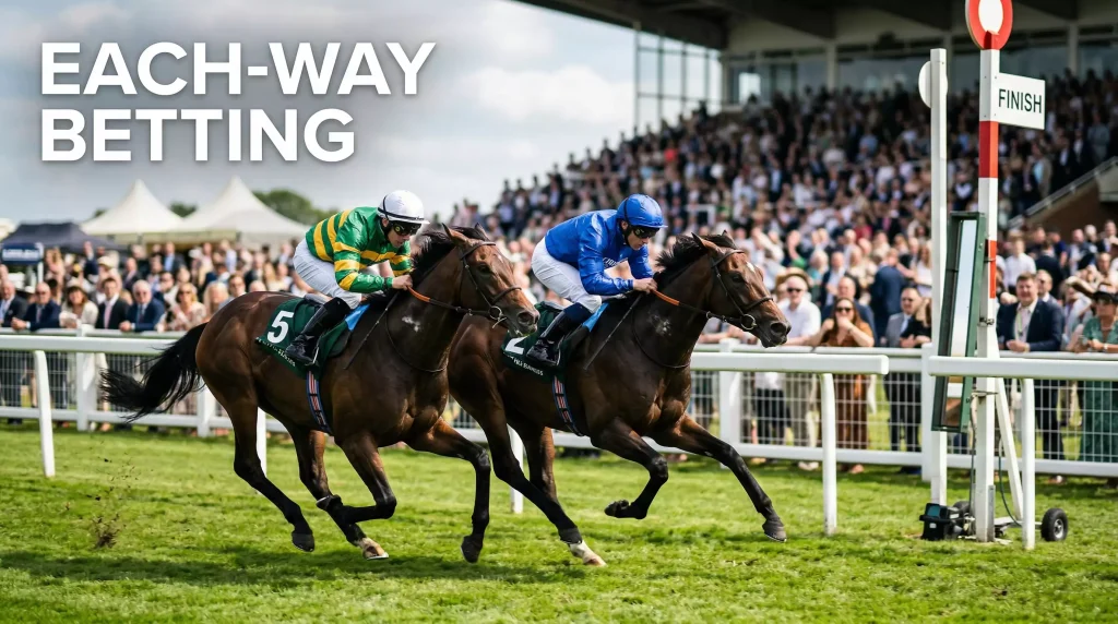 Two thoroughbred horses crossing the finish line closely together illustrating win and place each-way betting