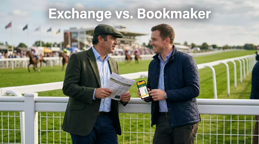 Two punters at a UK racecourse in conversation, one holding a racecard and one holding a smartphone, debating their approach