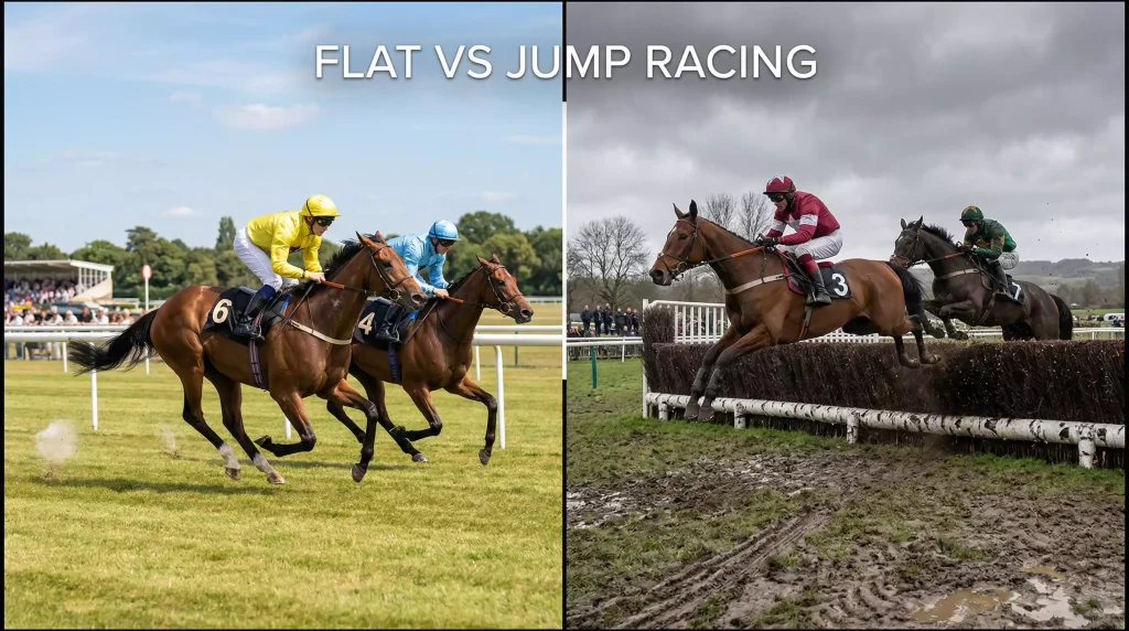 Side-by-side scene: flat thoroughbreds at full sprint on summer turf on the left, National Hunt horses clearing a fence on a winter course on the right