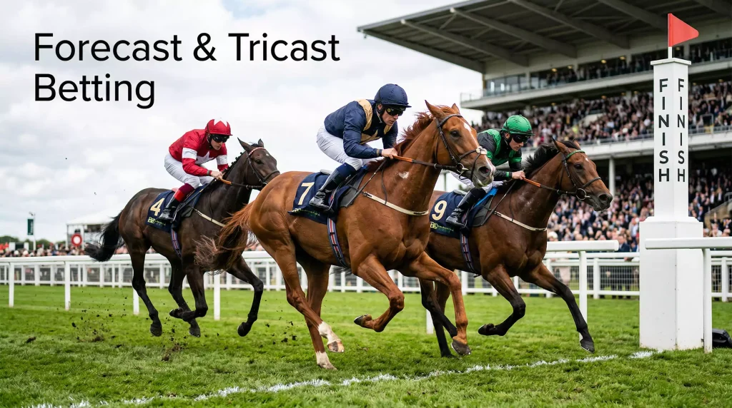 Three thoroughbred horses finishing in close order at a UK flat race, jockeys in colourful silks crossing the line
