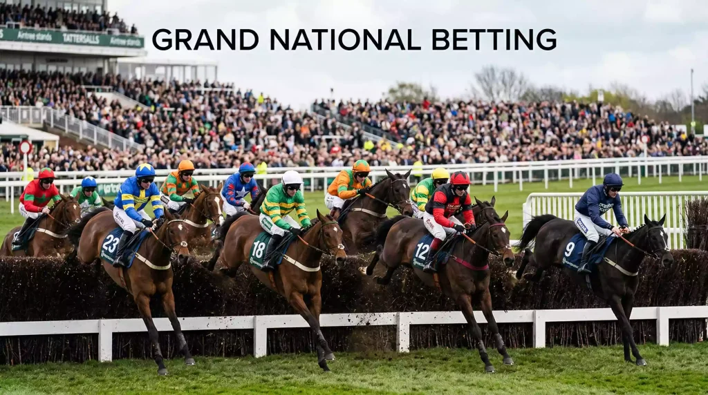 Large field of horses and jockeys jumping a fence at Aintree racecourse during the Grand National, crowd visible beyond the rail