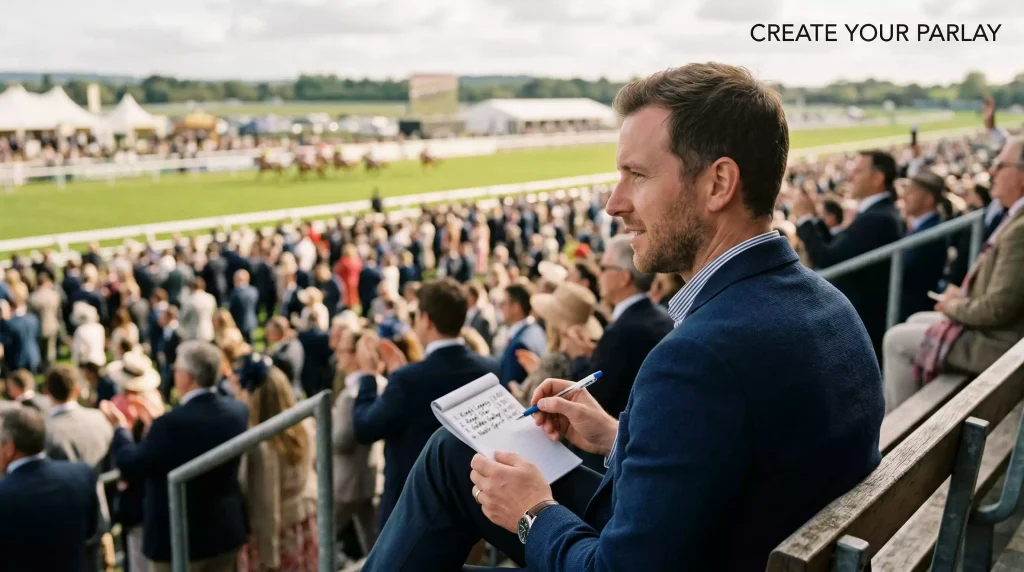 Punter studying a notepad with four horse names listed for an accumulator bet at a British racecourse