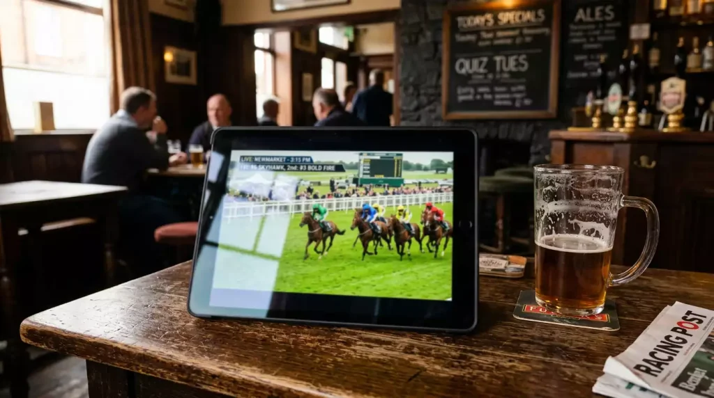 Horse racing live stream on mobile device with Best Odds Guaranteed badge visible