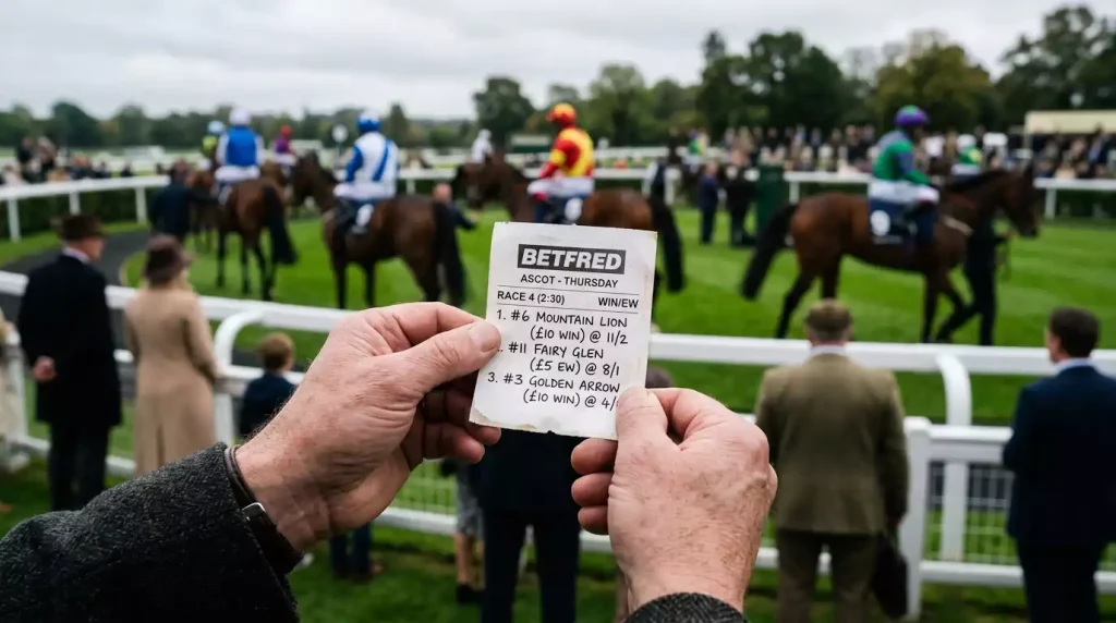 Punter reviewing each-way betting slip at British racecourse with horses in background