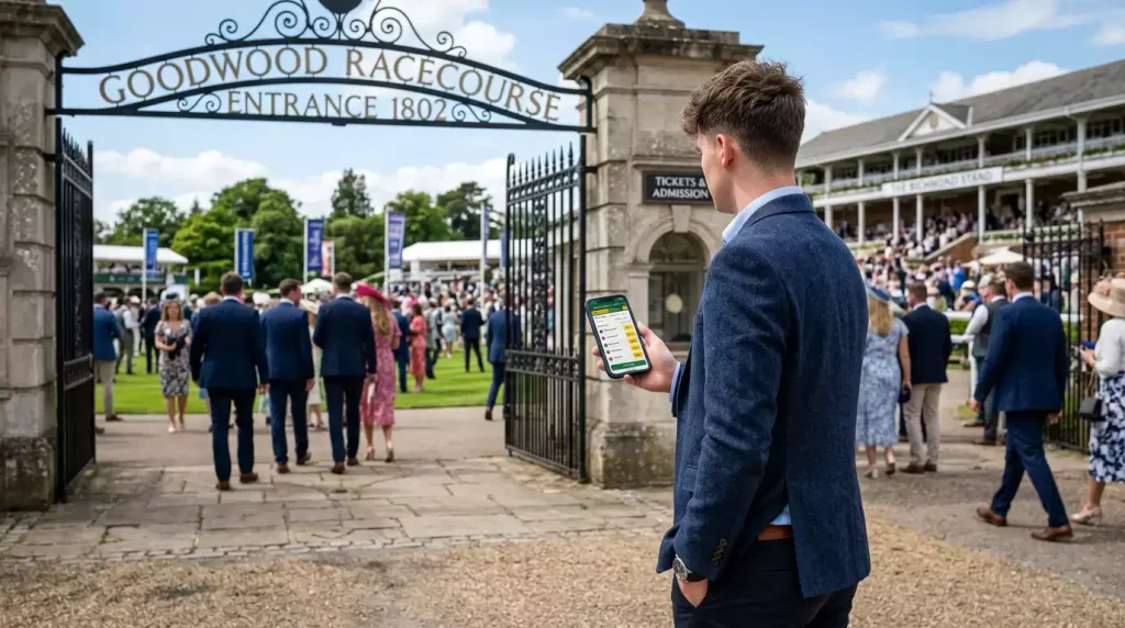 Beginner punter holding smartphone at racecourse entrance ready to place first bet