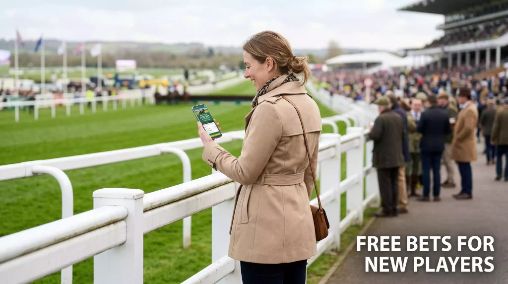Punter reviewing a horse racing welcome free bet offer on a mobile phone beside a racecourse rail