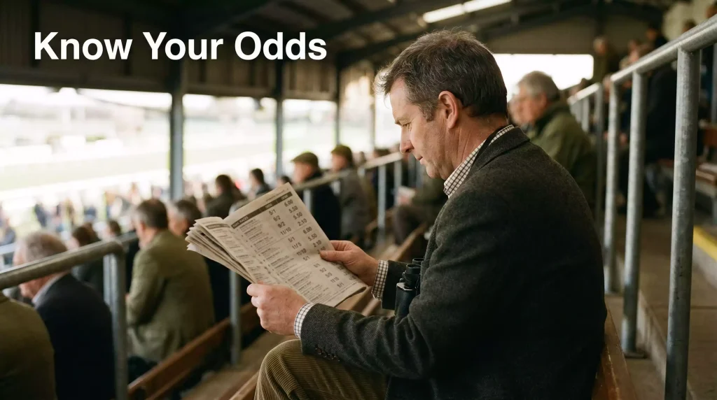 Experienced punter at a UK racecourse studying a racecard with odds columns, focused expression