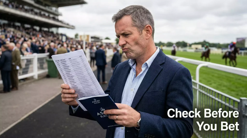 Sceptical punter at a UK racecourse reviewing a printed tips sheet with a raised eyebrow, racecard in the other hand