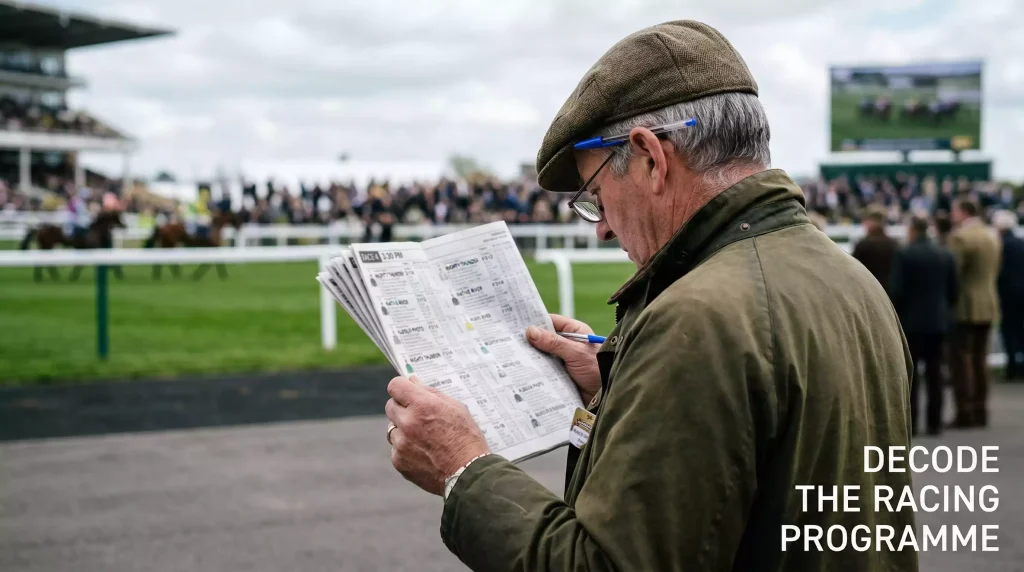 Punter studying a printed racecard with annotations at a British racecourse, pen in hand