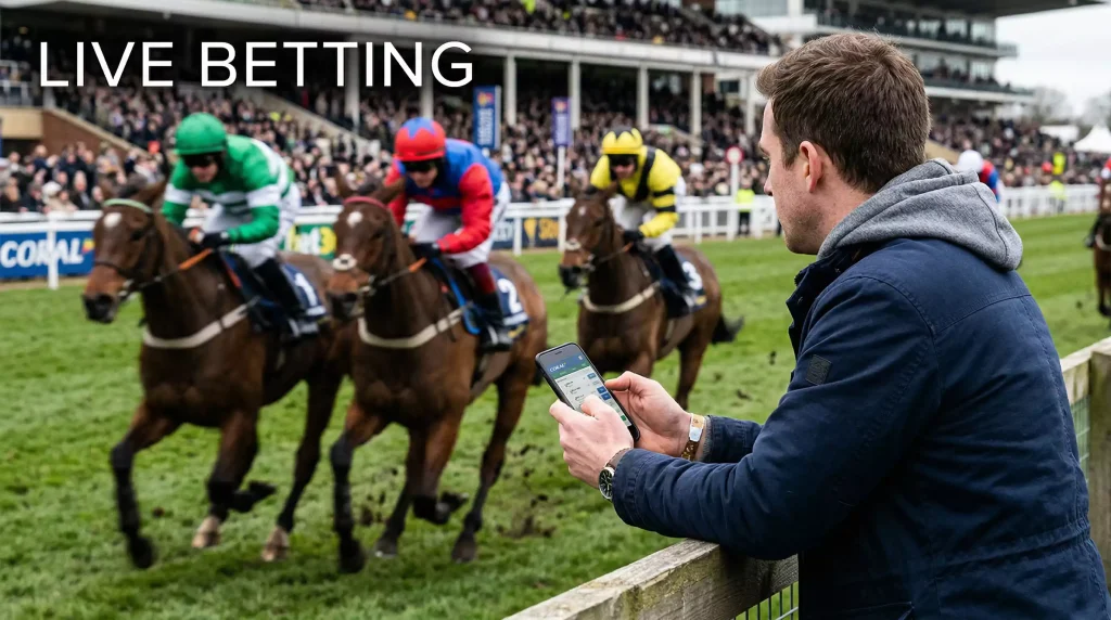 Punter gripping a smartphone with intense focus as horses race past at full gallop in the background