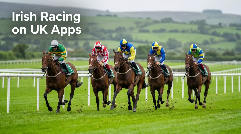 Thoroughbred horses galloping on a lush green Irish racecourse on an overcast day, white rails and rolling green hills in the background
