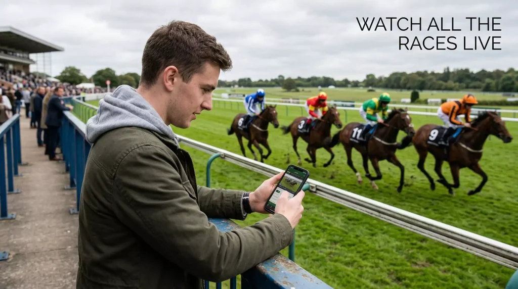 Live horse race broadcast streaming on a smartphone held by a punter at a UK racecourse grandstand