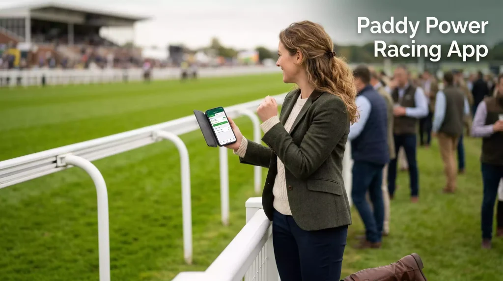 Smiling punter at a UK racecourse checking their phone with a confident expression after a winning horse racing bet