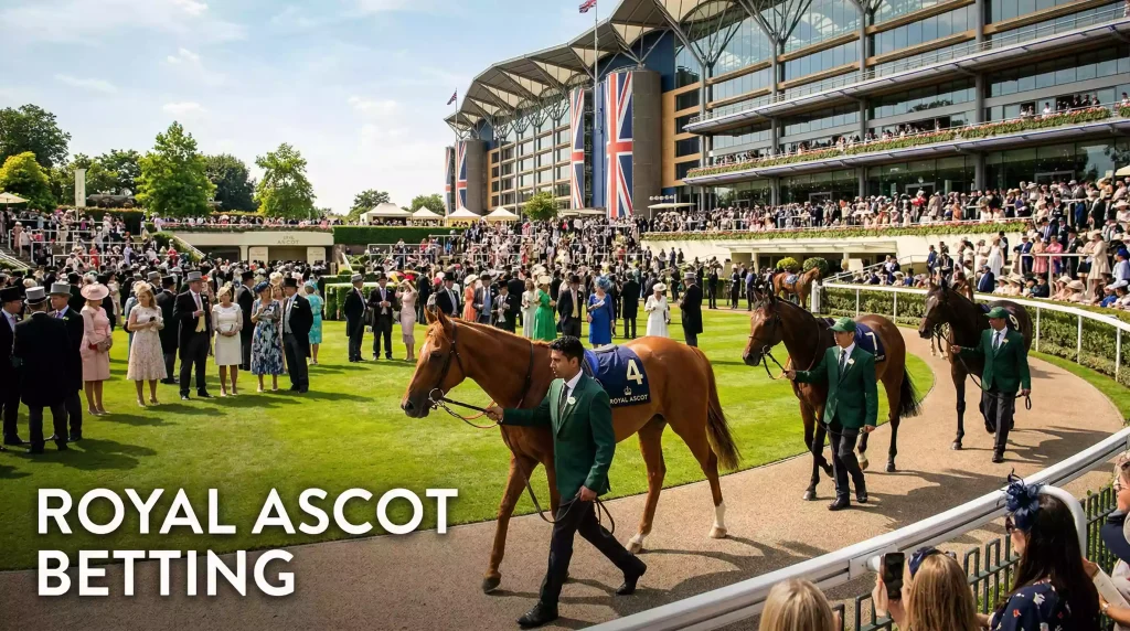 Royal Ascot racecourse on a sunny June afternoon with horses parading in the pre-parade ring, elegantly dressed crowd in the background