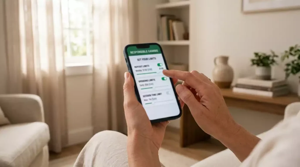 Hands setting responsible gambling limits on betting app with secure lock icon displayed