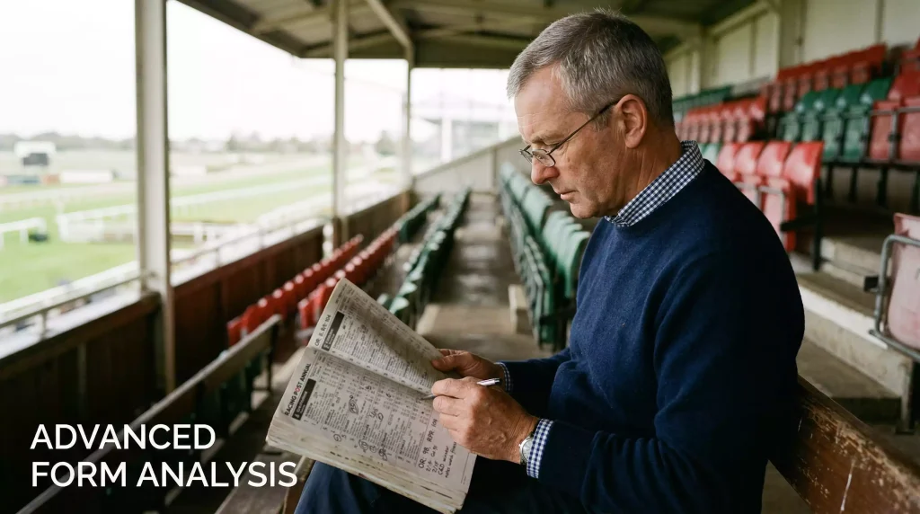 Serious punter at a racecourse studying a detailed form guide with handwritten notes and underlines, focused analytical expression