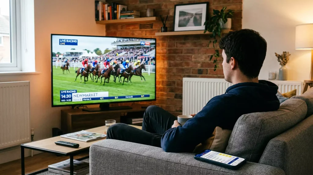 Young British punter watching horse racing on a large TV screen in a modern living room, smartphone resting on the arm of the sofa