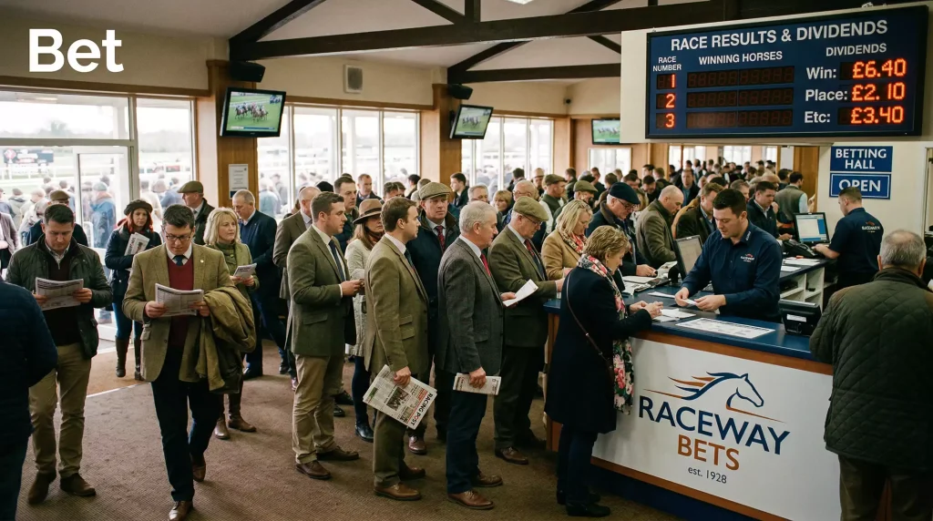 Busy UK racecourse Tote betting counter with punters queuing, large results board visible in the background