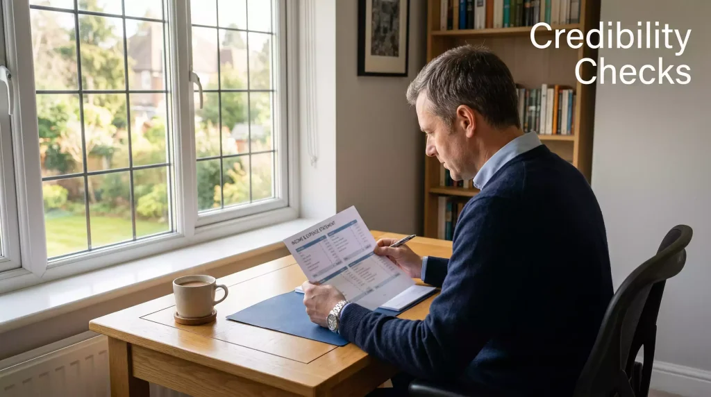 Punter at a desk reviewing a simple document with a pen, suggesting a financial review process in a calm home setting