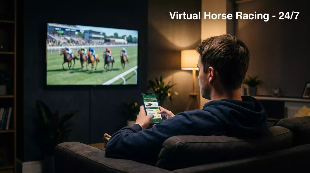 Punter sitting at home late at night on a sofa, holding a smartphone with a soft glow, virtual racing on screen in the background