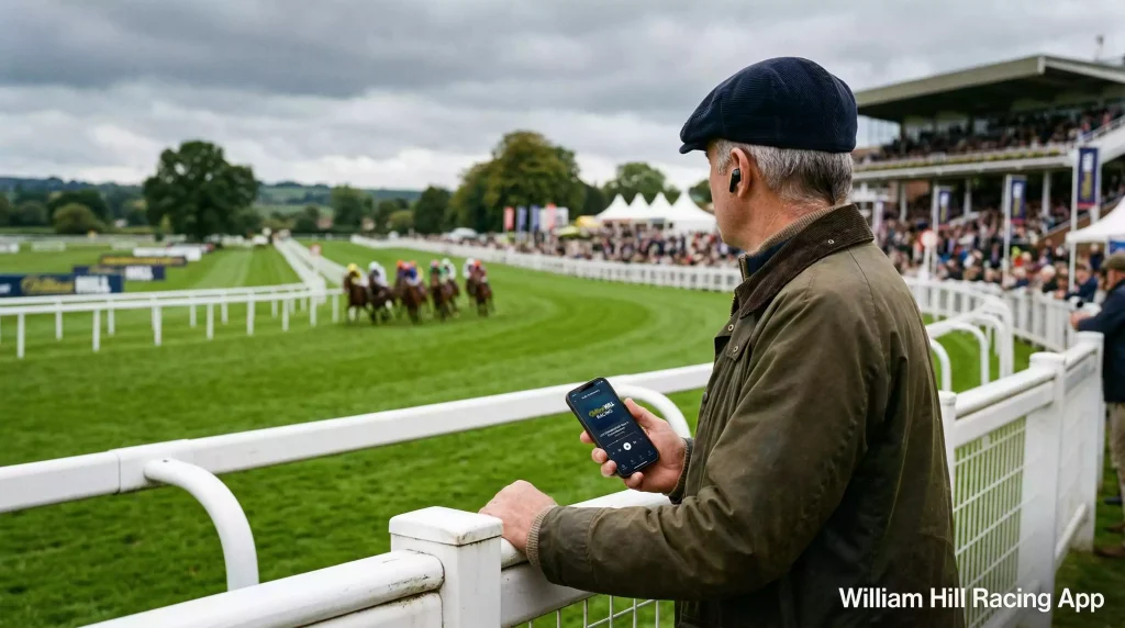 Older British punter in a flat cap listening to racing commentary on earphones while standing at a racecourse rail with a smartphone in hand